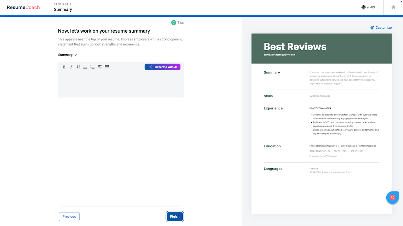Adding resume summary on Resumecoach