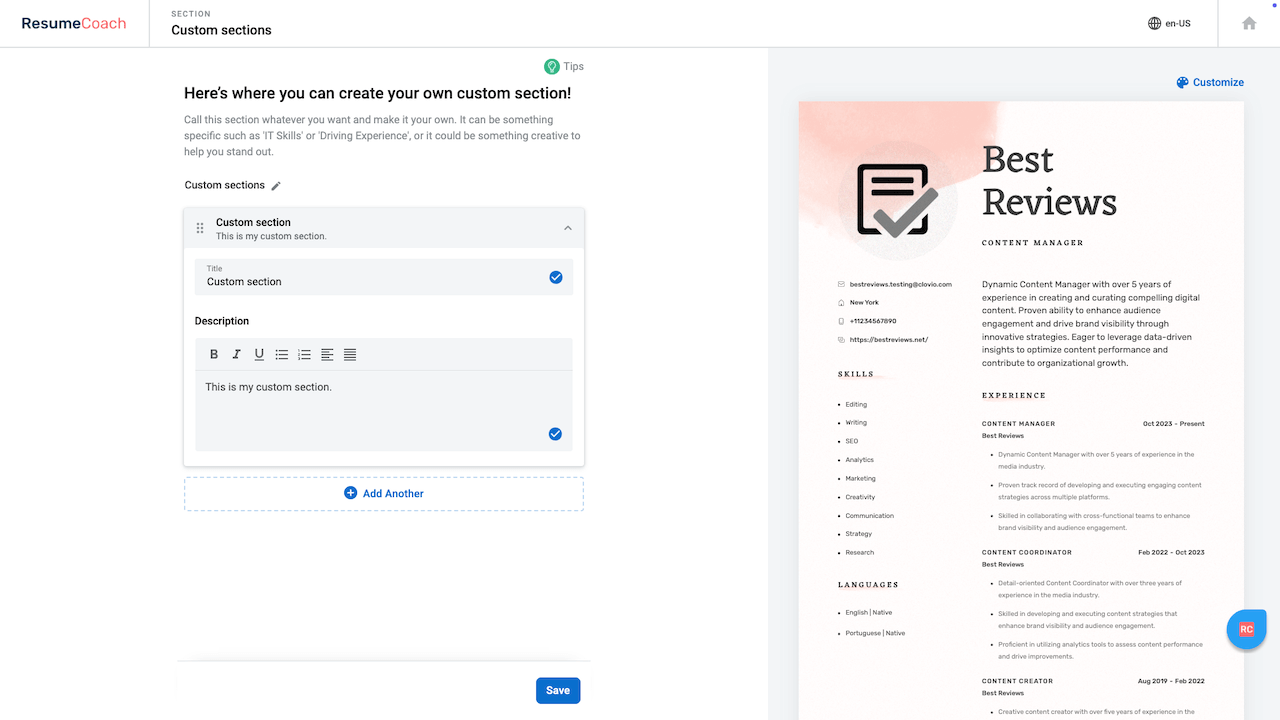Resumecoach custom sections
