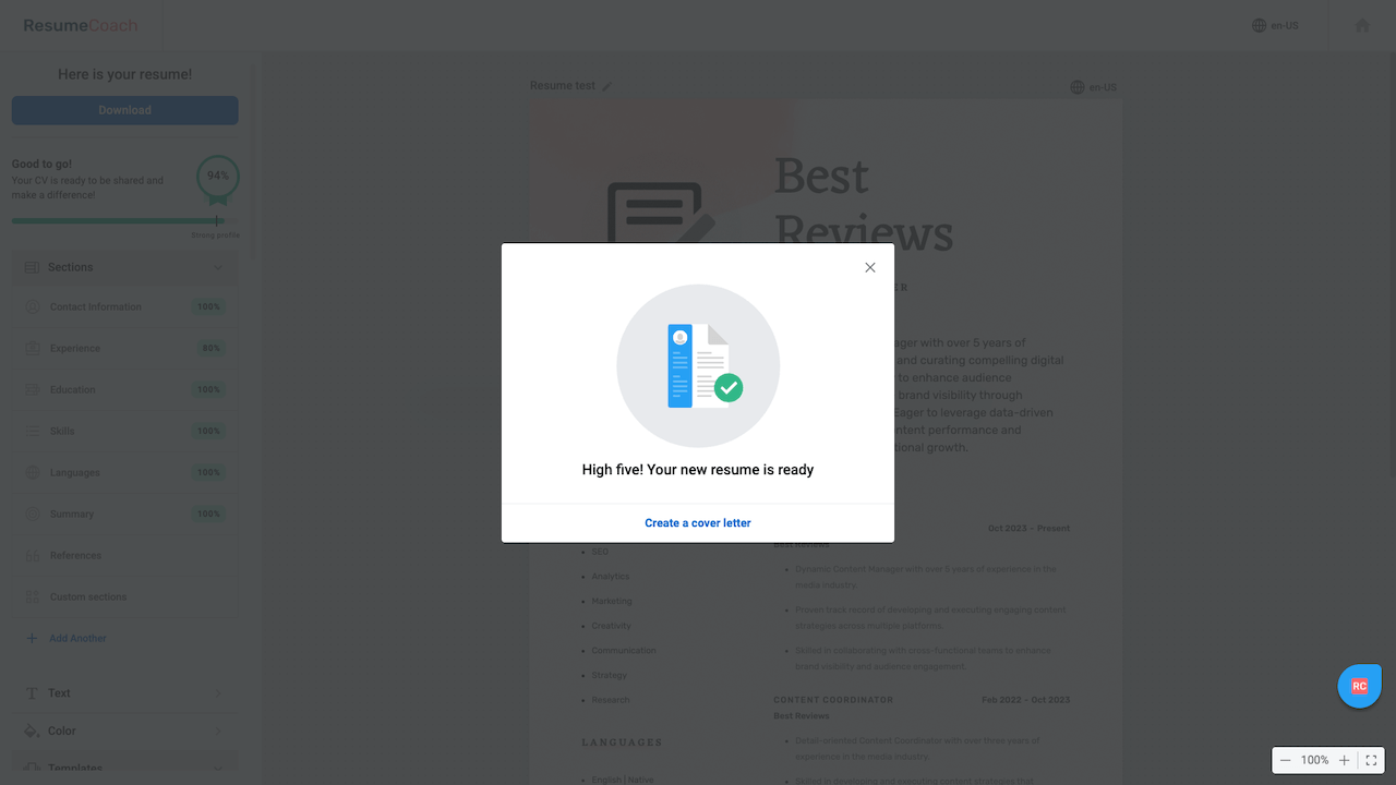 Resumecoach PDF download ready
