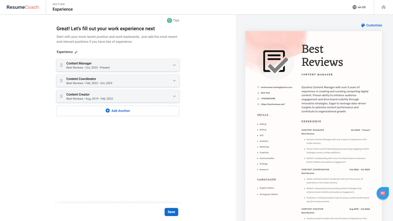 Resumecoach editor career experience