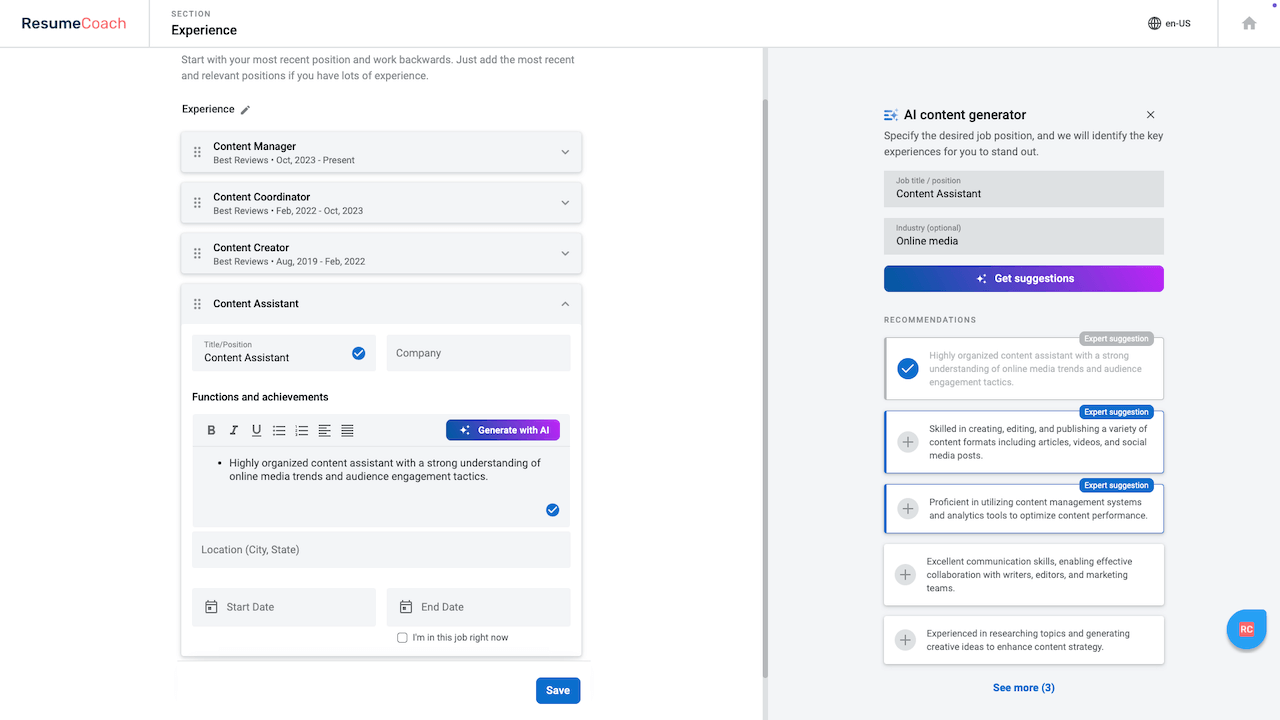Resumecoach AI suggestions for career experience
