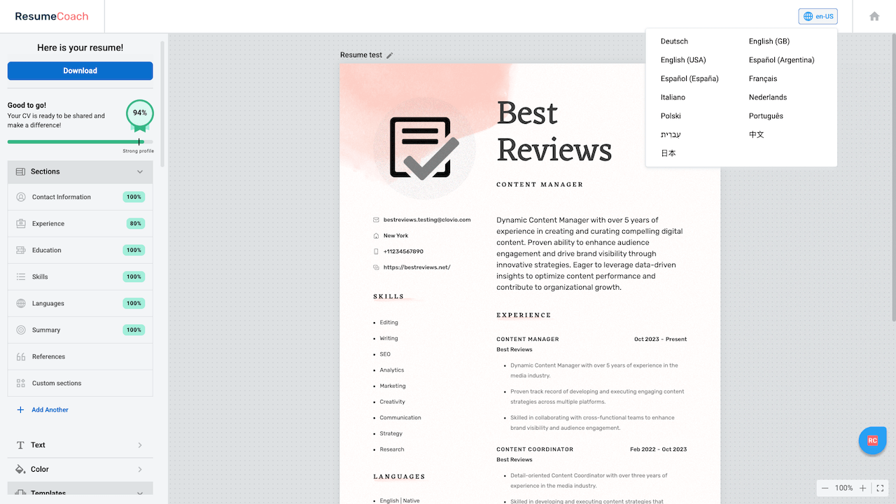 Resumecoach languages