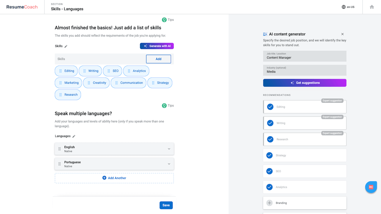 Resumecoach AI suggestions for skills