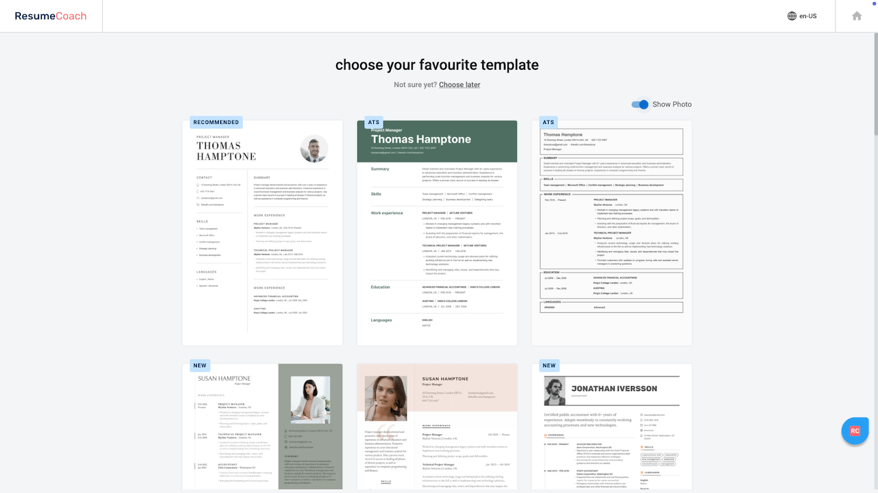 Resumecoach template library (with photos)