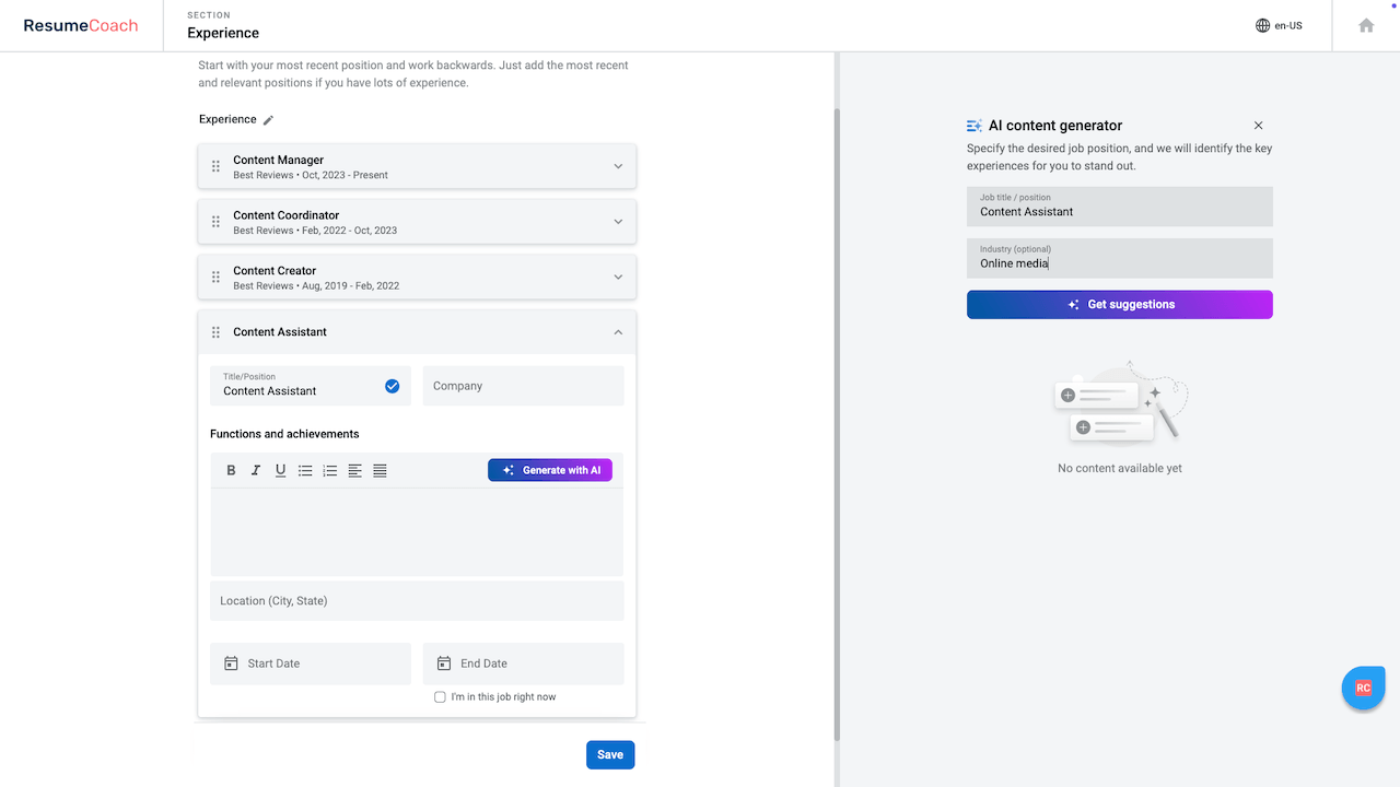 Resumecoach AI generator for career experience