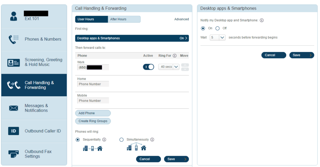 Settings for call forwarding in RingCentral