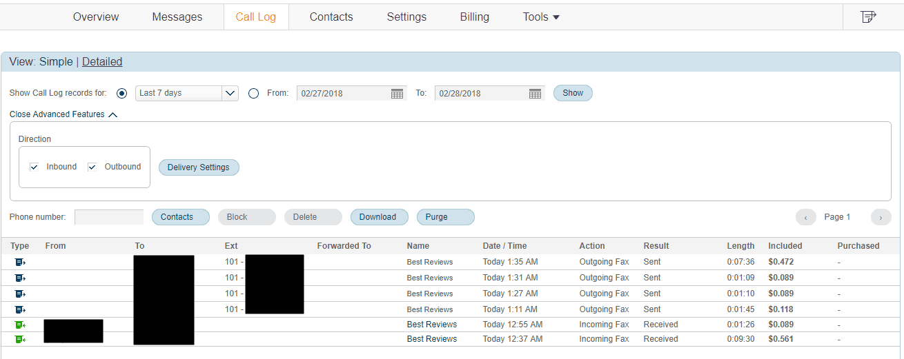 The call log of RingCentral Fax
