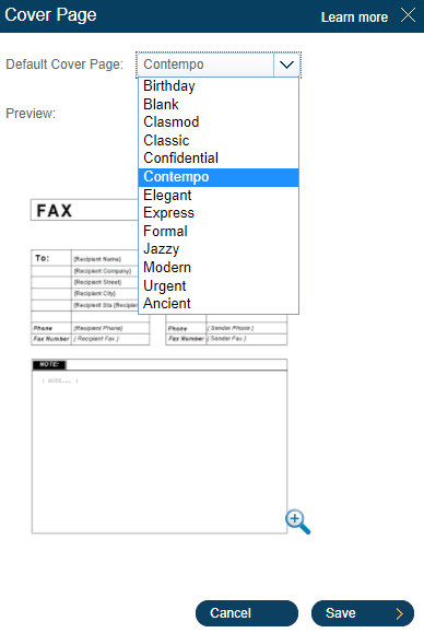 Cover page selection in RingCentral Fax