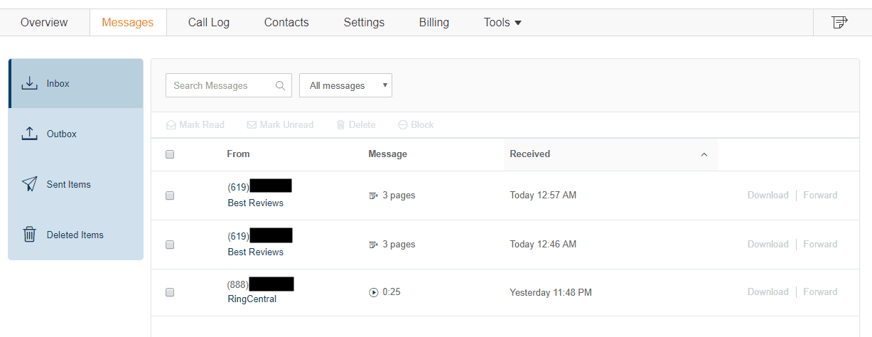 Ringcentral fax account messages inbox