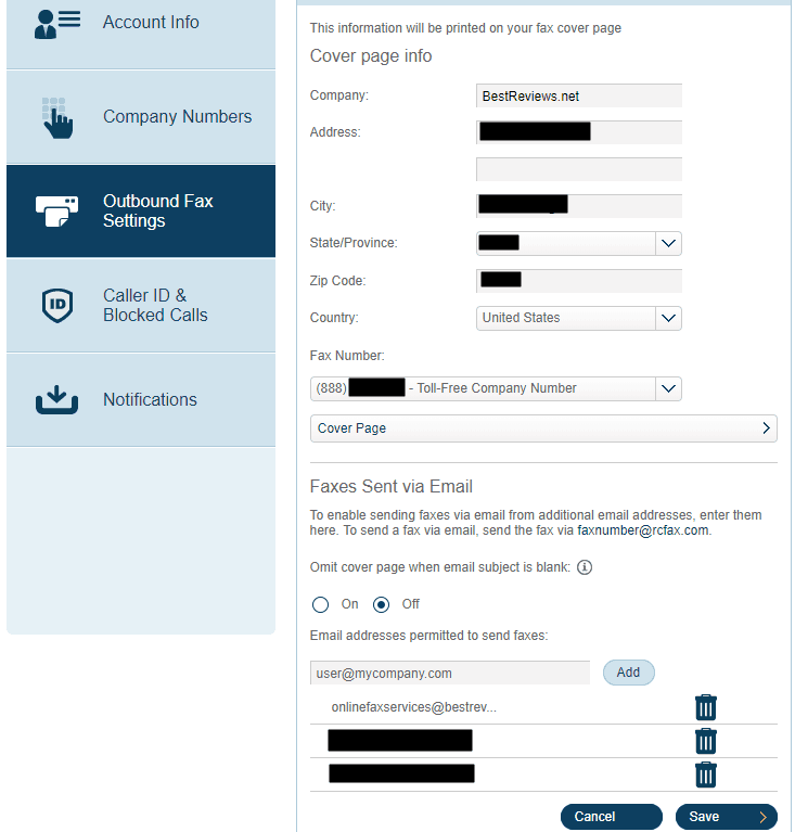 Ringcentral fax account outbound fax settings