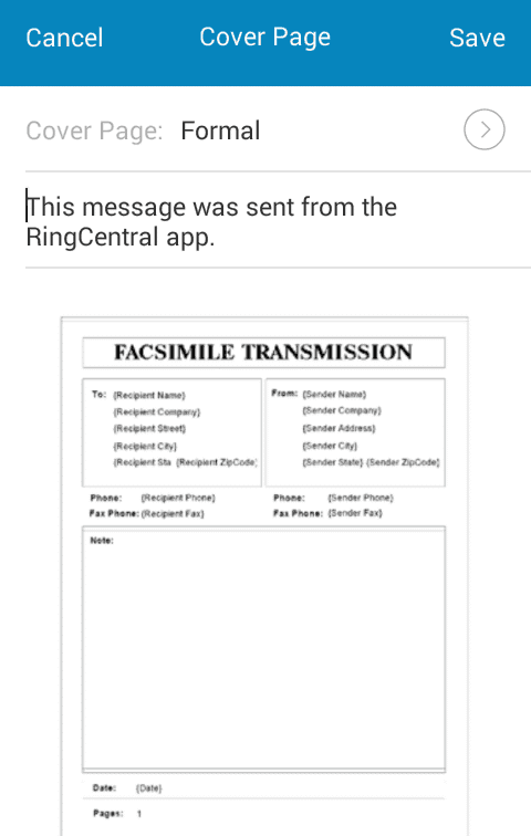 Selecting cover sheet in RingCentral app