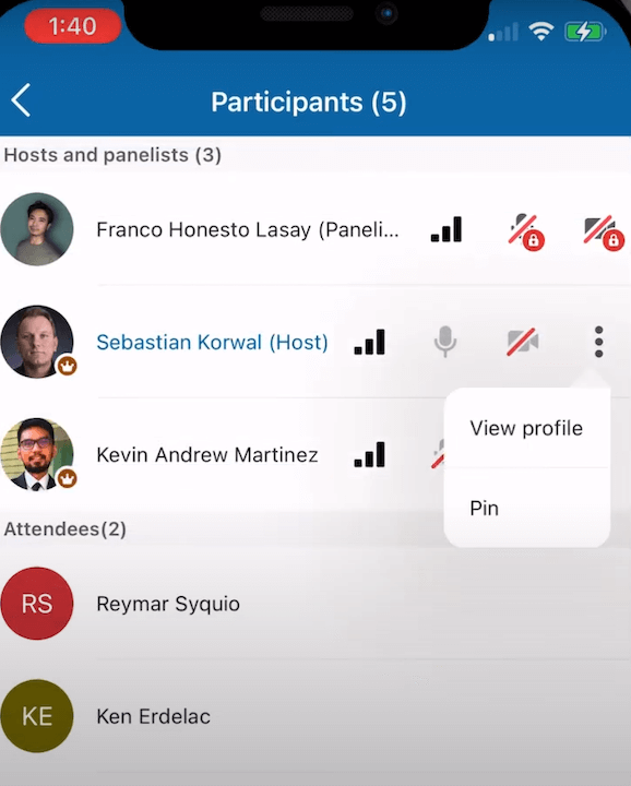 RingCentral Webinar mobile interface