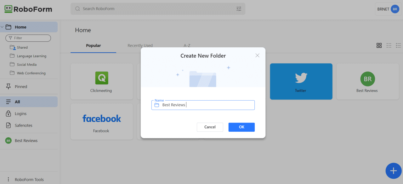 RoboForm create folder