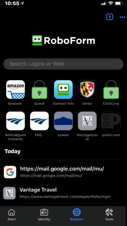 RoboForm mobile interface