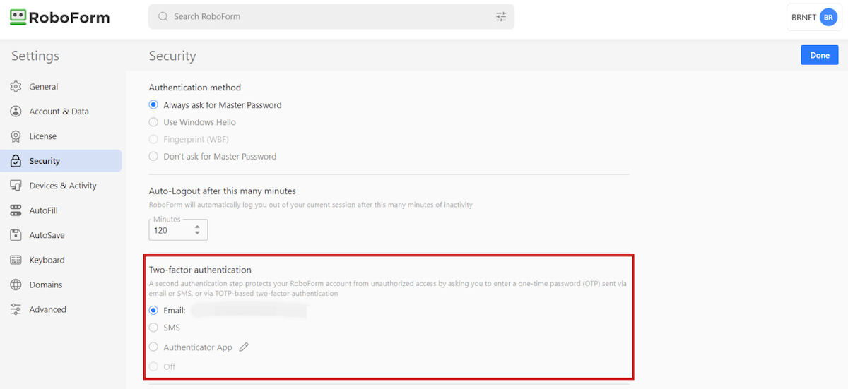 RoboForm two-factor authentication