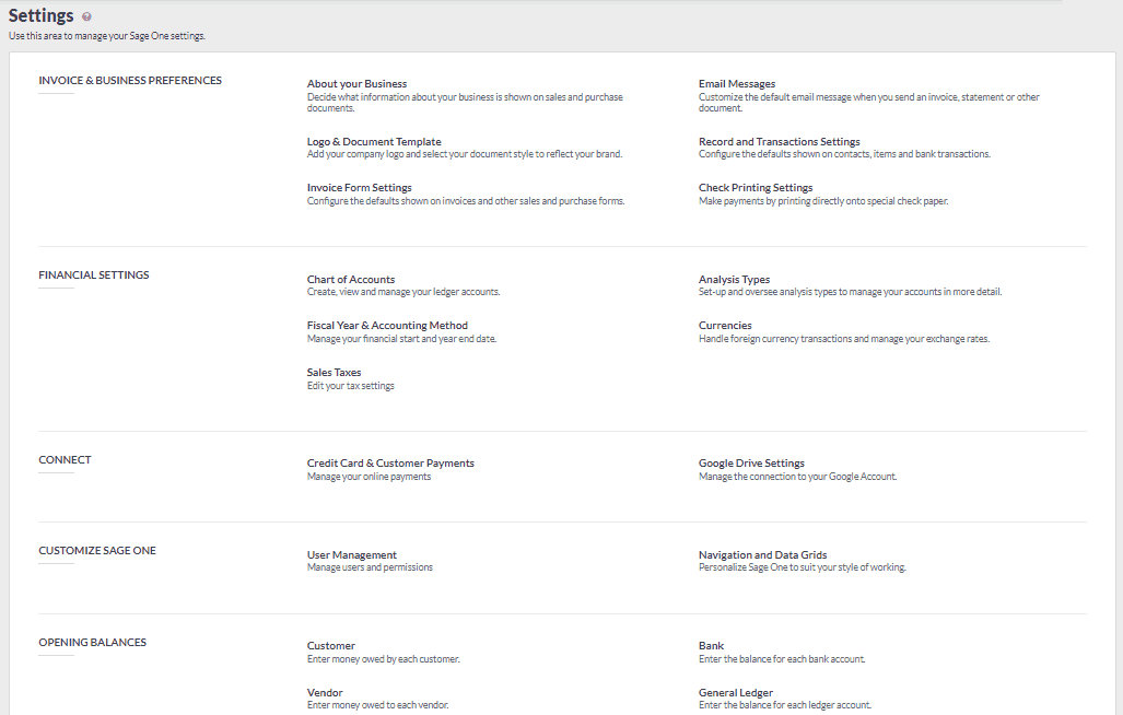 Additional settings in Sage One