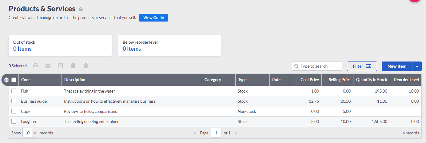Sage One's inventory