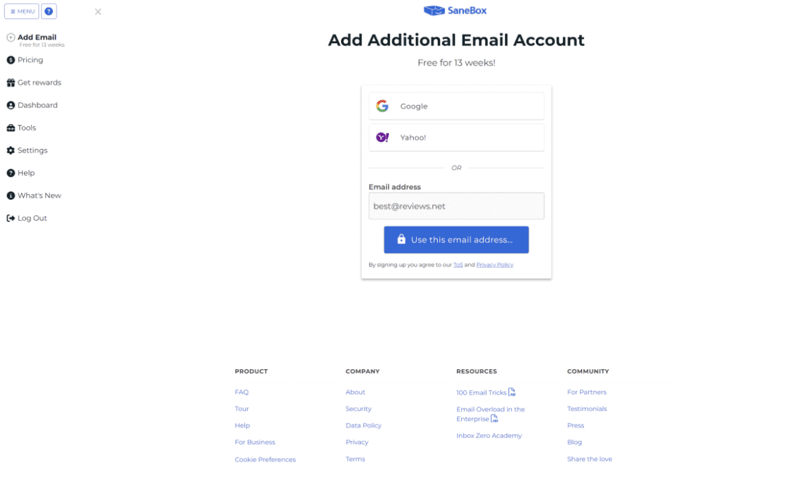 Adding an email account on SaneBox