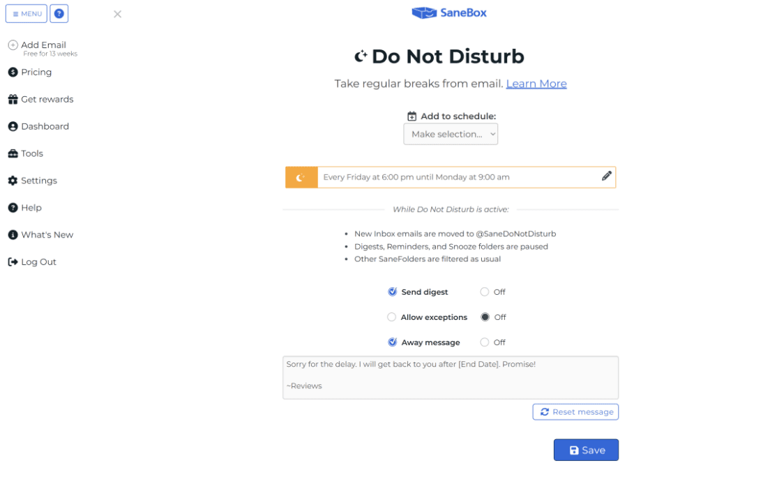 SaneBox do not disturb
