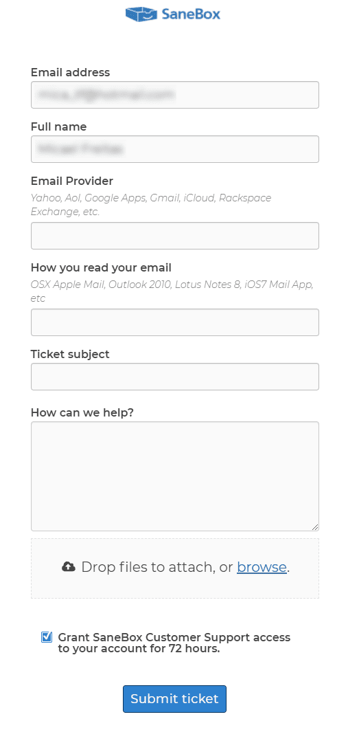 SaneBox email ticket