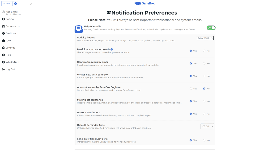SaneBox notification settings