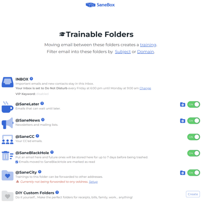 SaneBox trainable folders