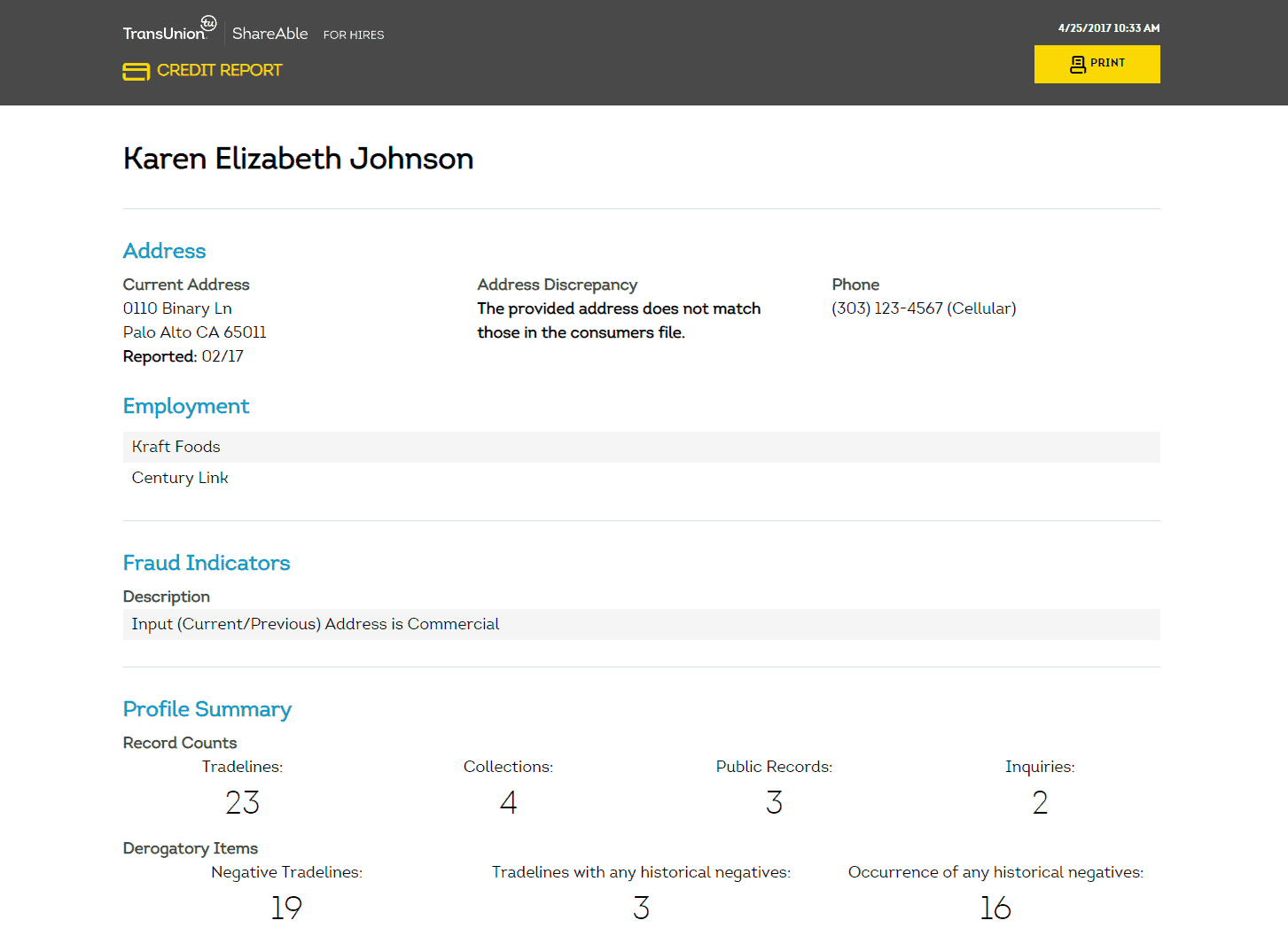 ShareAble For Hires credit report summary