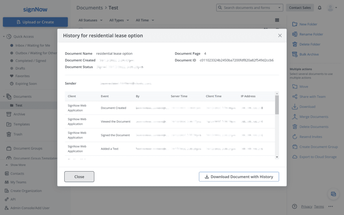 signNow document history