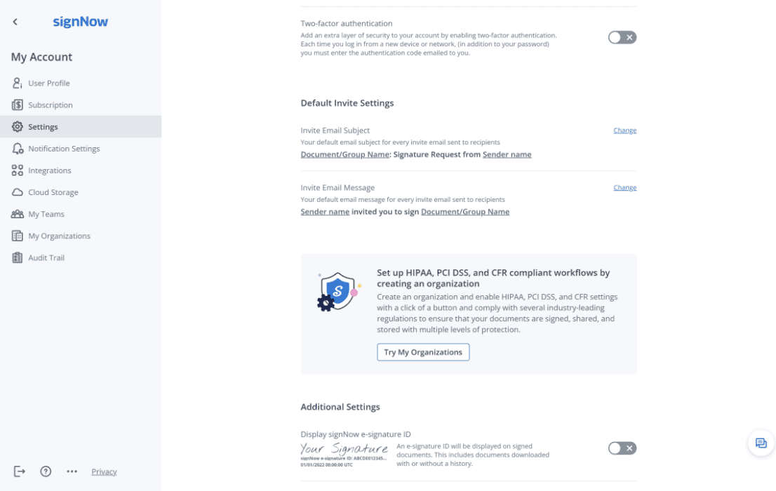 signNow security settings