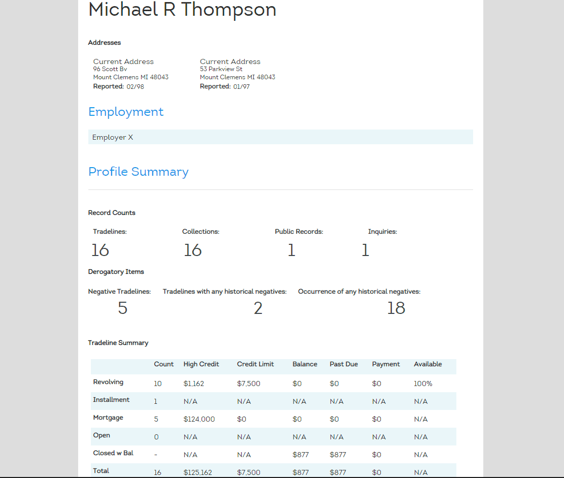 SmartMove credit report summary