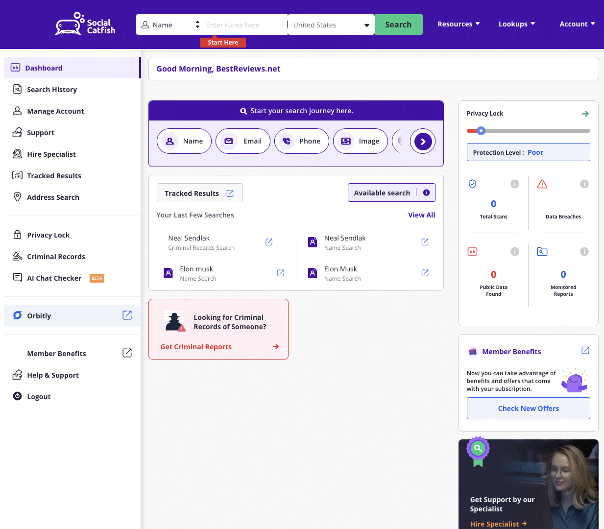 Social Catfish dashboard