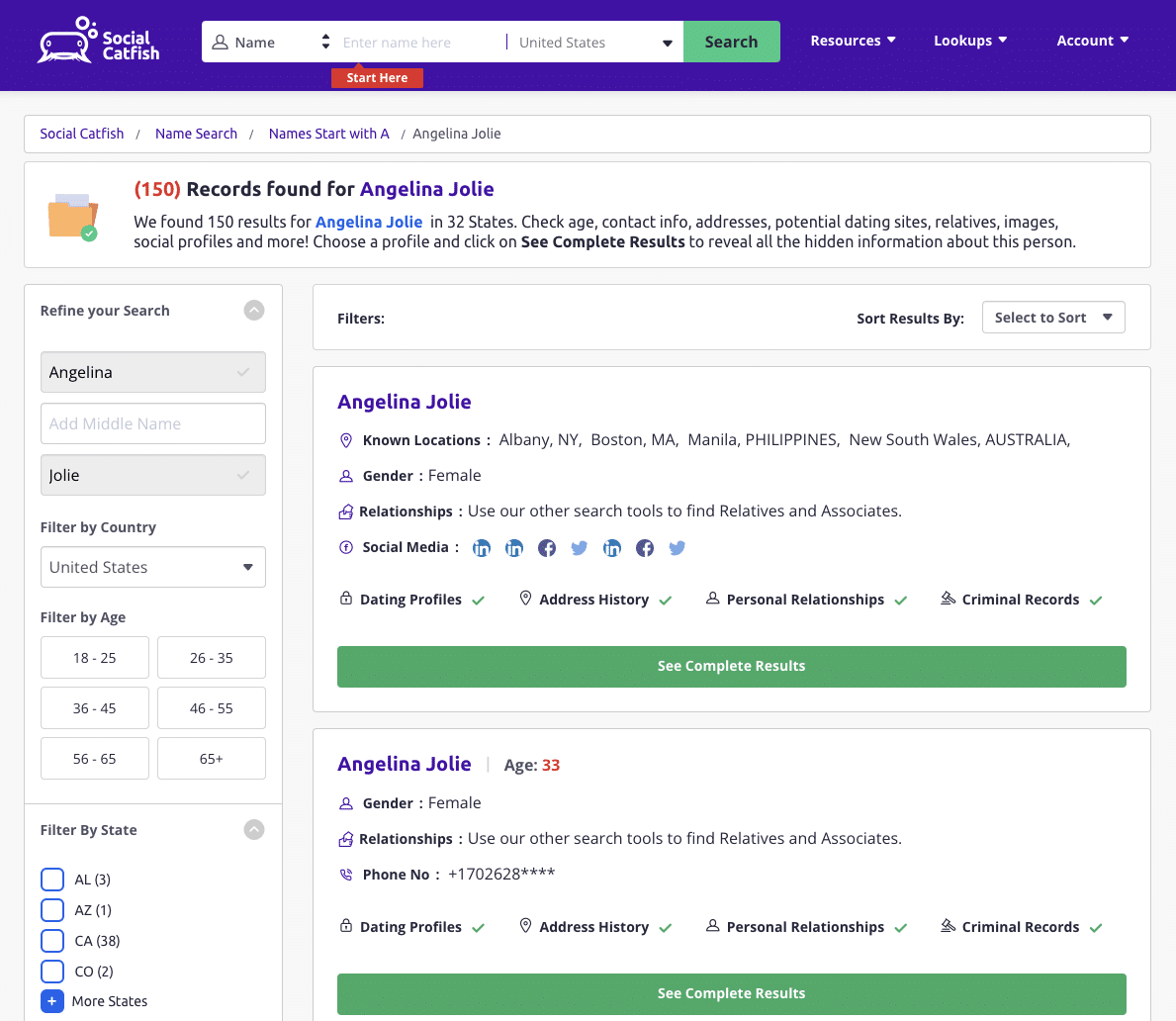 Social catfish name search results