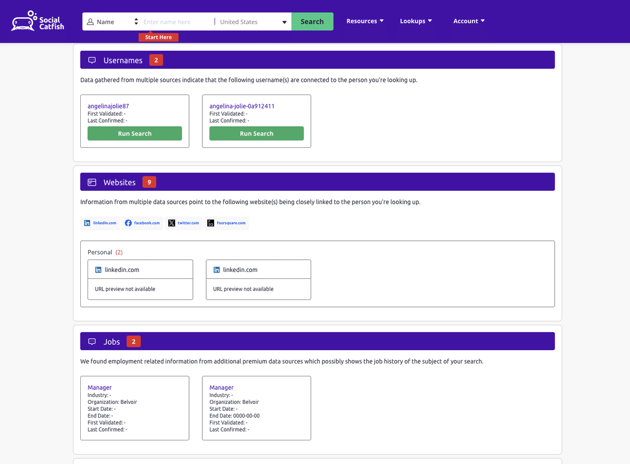 Social Catfish Persons Report Usernames Websites Jobs