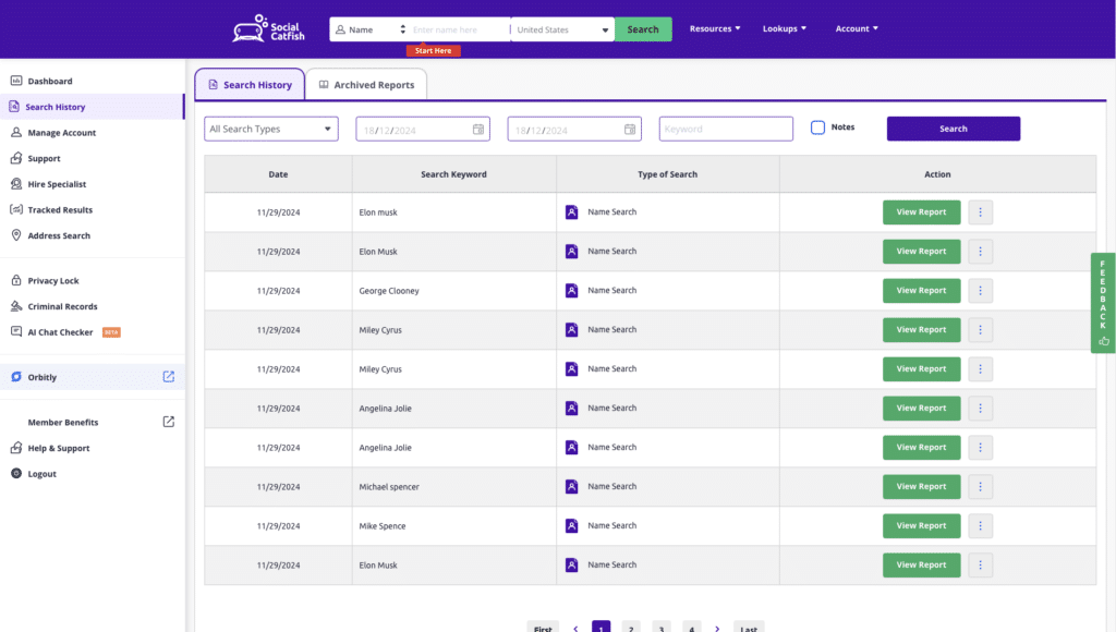 Social Catfish Search History