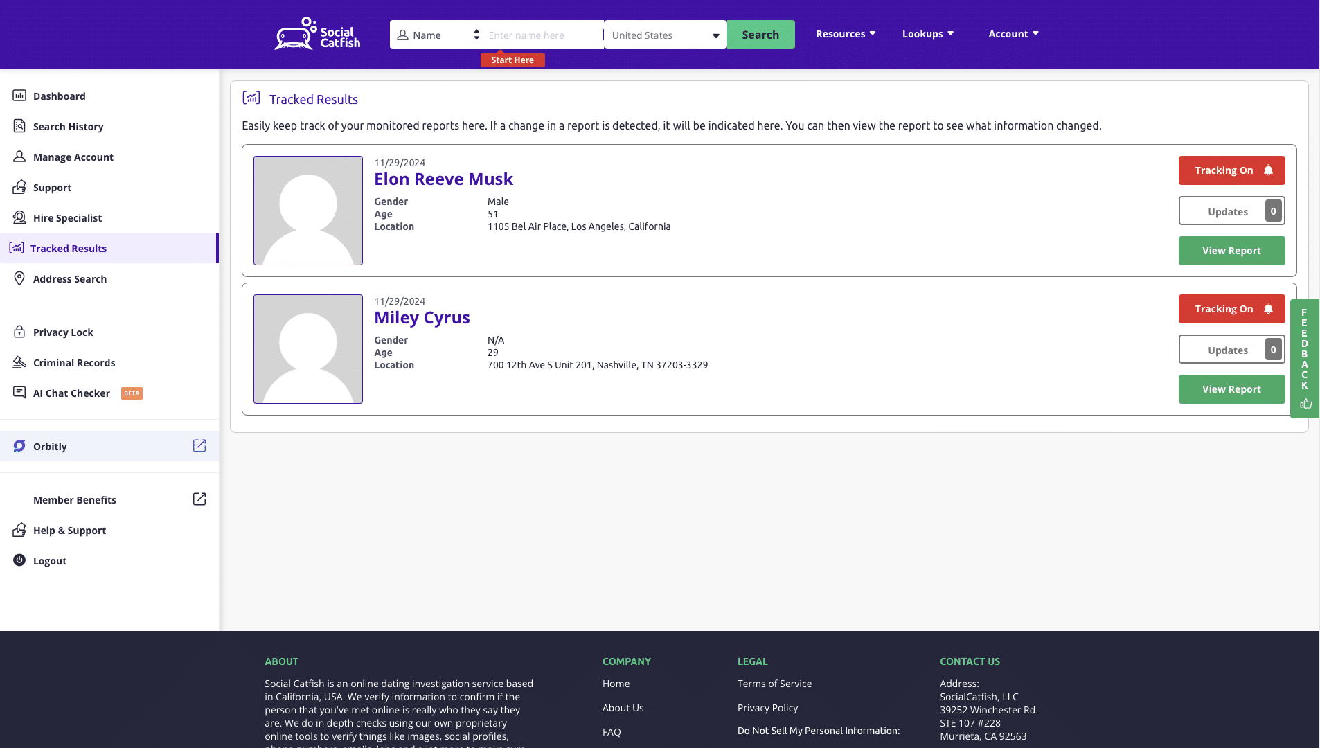 Social Catfish Track Results