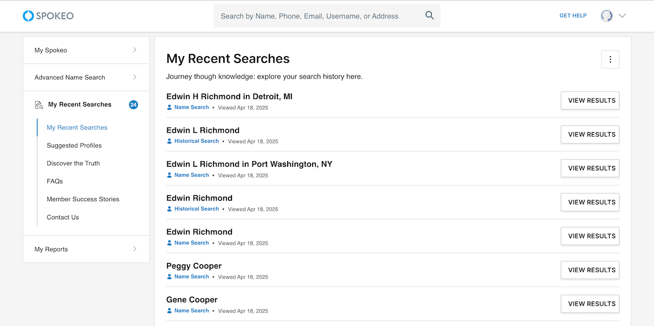 Spokeo recent searches