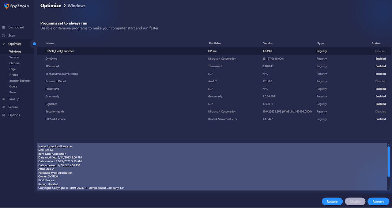 SpyZooka windows optimizer
