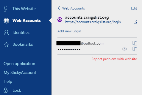 Sticky Password extension password details