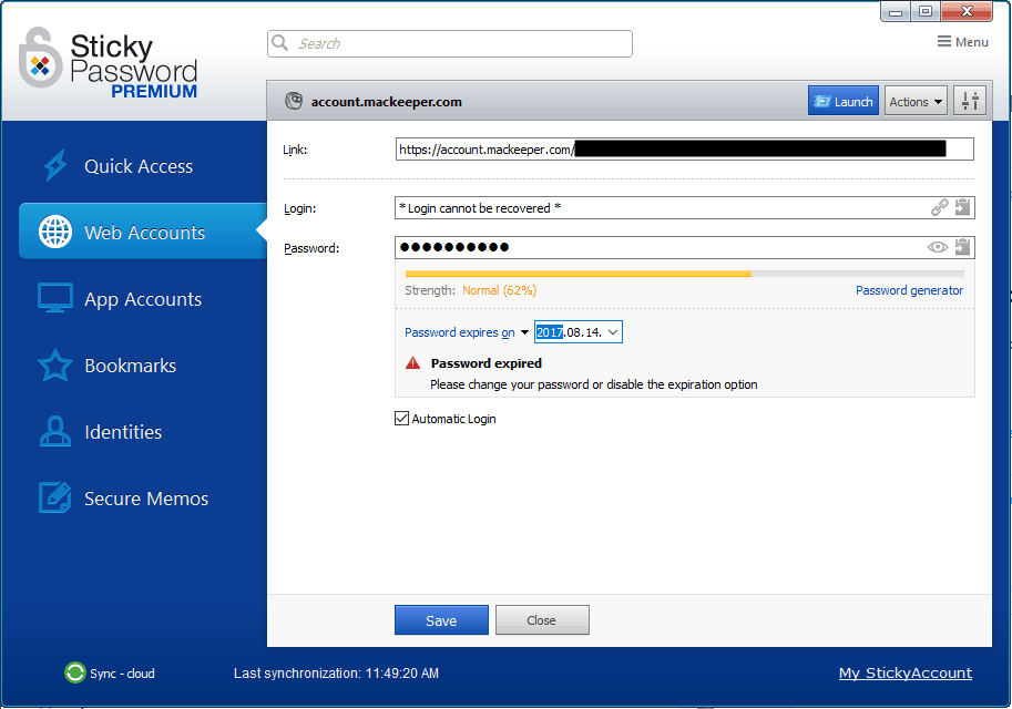 Editing a password entry in sticky password