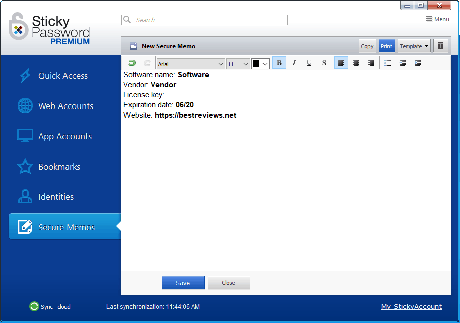 Sticky Password secure memos