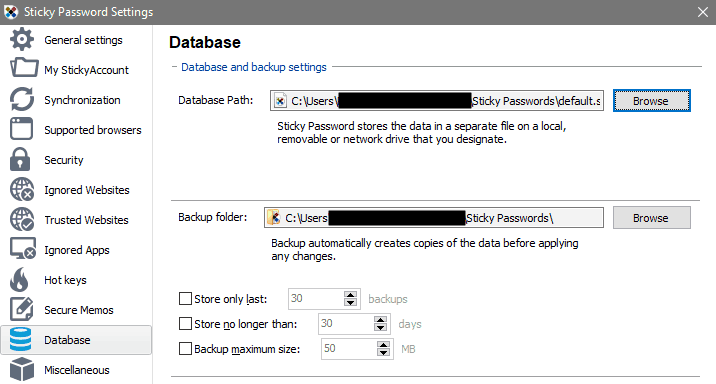 Database backup settings