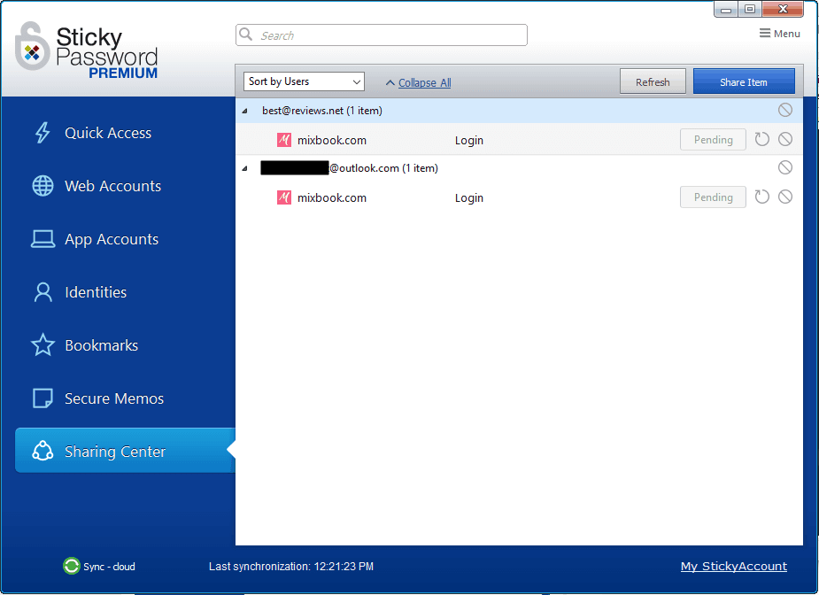 Sticky Password's sharing center