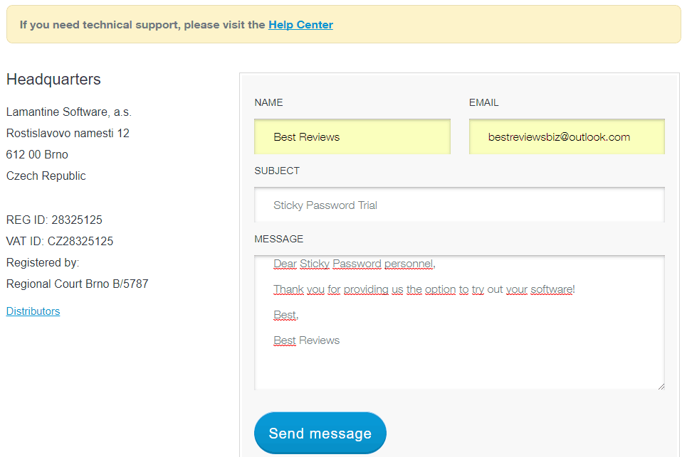 Email inquiry to Sticky Password staff