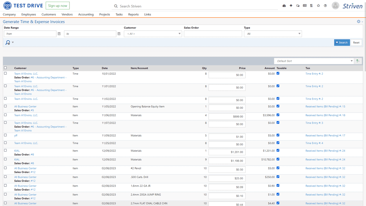 Striven time and expenses invoices