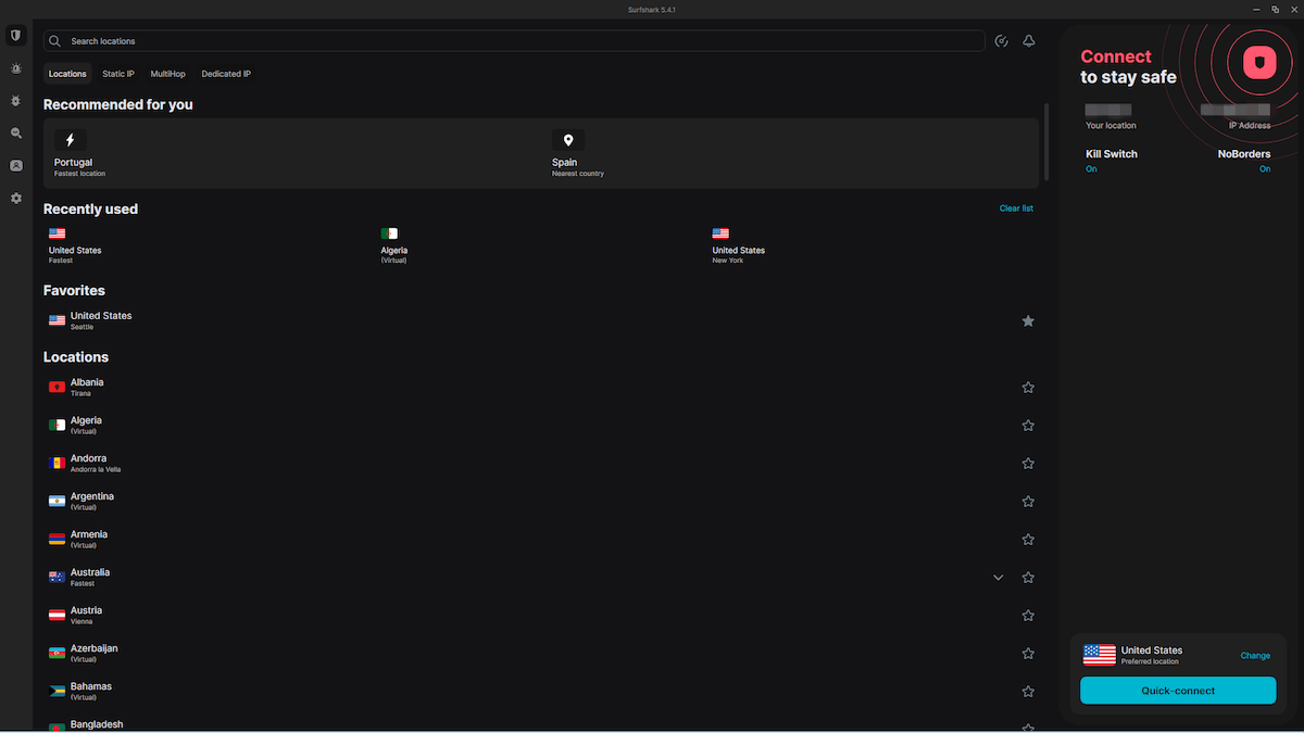 Surfshark desktop interface