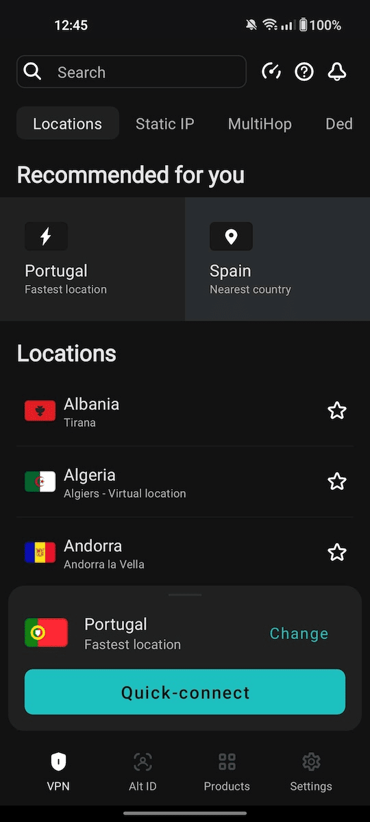 Surfshark mobile interface