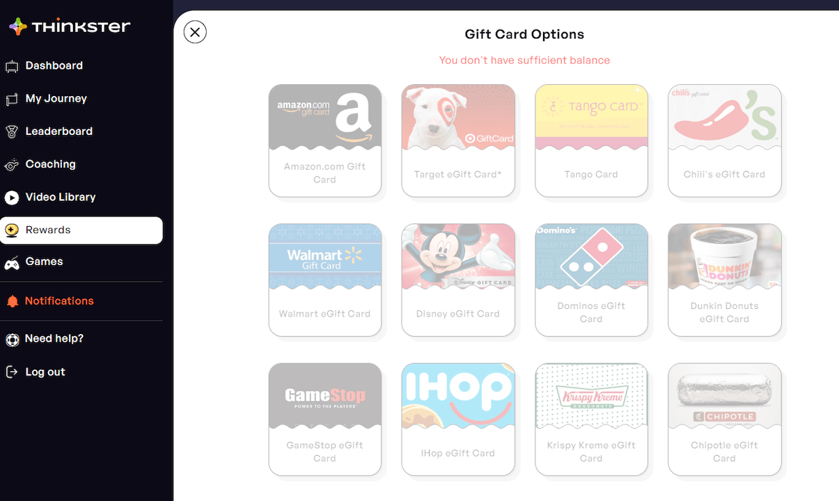 Thinkster gift cards