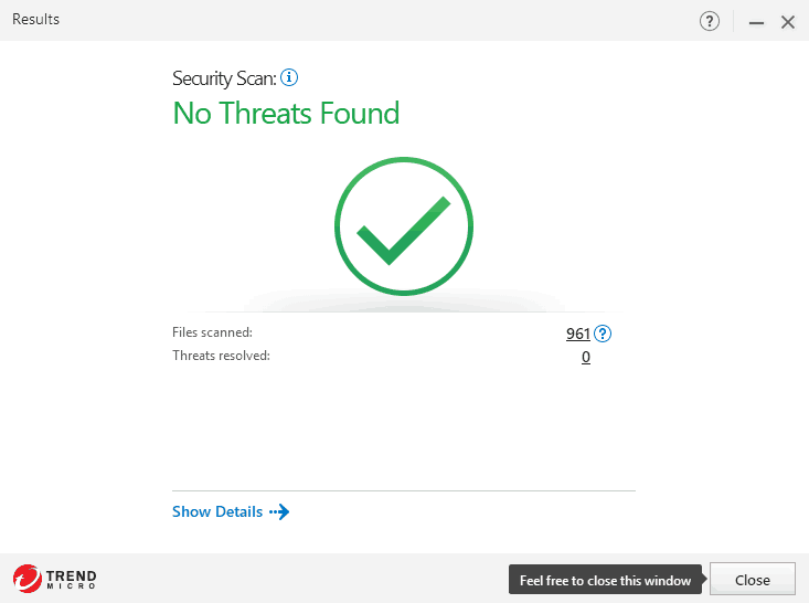 Quick scan of Trend Micro Antivirus+ Security