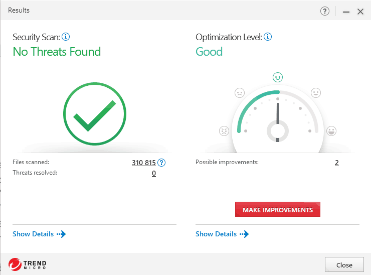 Trend Micro Maximum Security results display