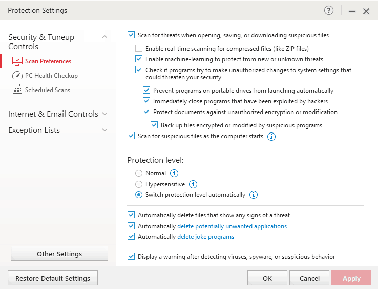 Trend Micro Maximum Security scan preferences